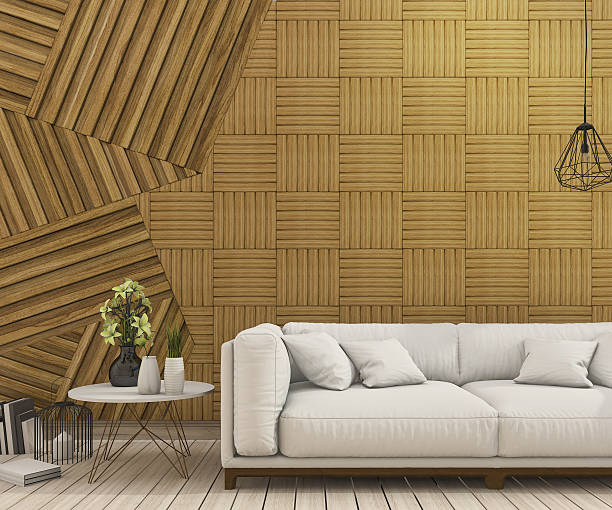 istock 3d rendering nice white sofa with abstract wood wall design 636041438