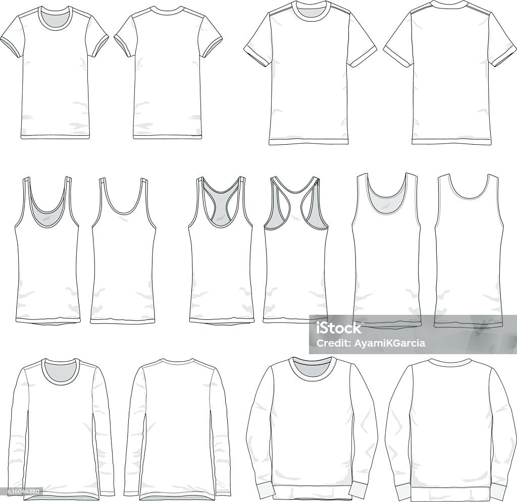 Vector Men and Women tee templates Tee templates for both men and women in various types of sleeves, front and back views. Tank Top stock vector