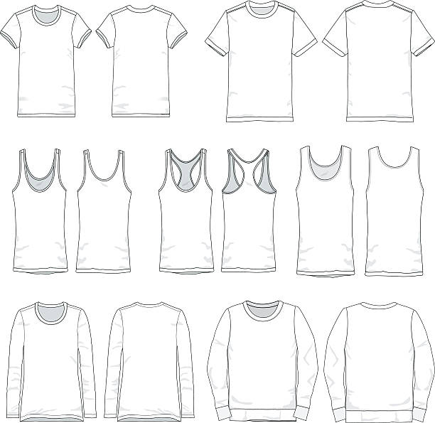 Vector Men and Women tee templates Tee templates for both men and women in various types of sleeves, front and back views. round neckline stock illustrations