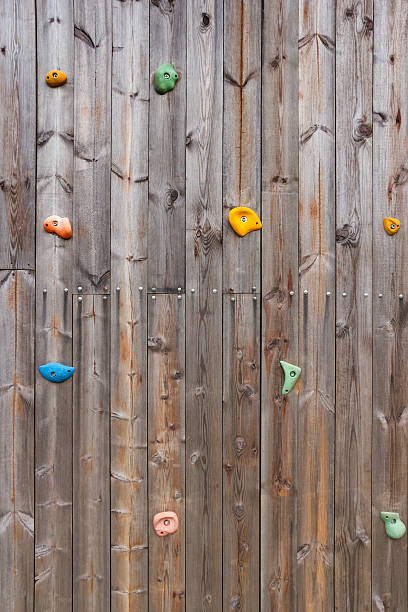 istock Old wood climbing wall with toe and hand hold studs. 636047142