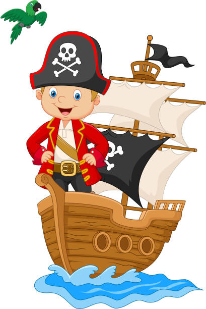 illustrazioni stock, clip art, cartoni animati e icone di tendenza di cartone animato piccolo pirata sulla sua nave - wading child water sport clothing