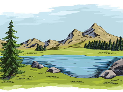 Mountain lake graphic color landscape illustration vector