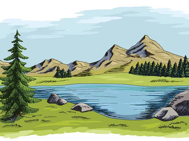 Vector illustration of Mountain lake graphic color landscape illustration vector