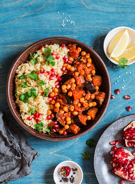 istock Moroccan aubergine and chickpea stew and bulgur. 636049854
