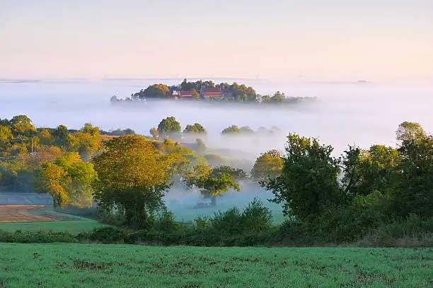 Burgundy landscape in morning mist, France