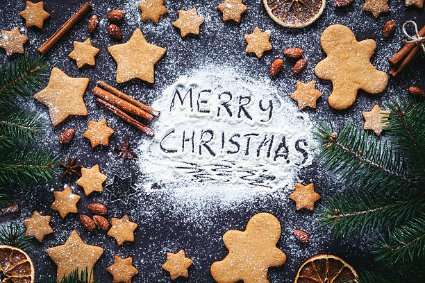 istock Merry Christmas composition with gingerbread cookies 636050422
