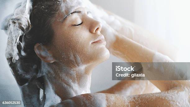 Pleasure Of A Shower Stock Photo - Download Image Now - Shampoo, Shower, Washing Hair
