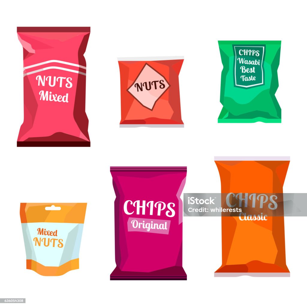 Coloridos envases de snacks de comida en blanco para galletas de chocolate, dulces - arte vectorial de Tentempié libre de derechos