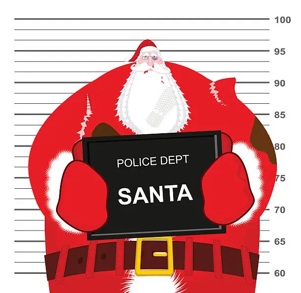 Vector illustration of Santa Claus beaten at police department. Christmas fight. Bad Sa