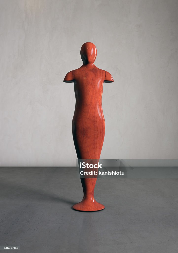 Wooden sculpture of a human figure. Wooden sculpture of a human figure in an empty room. 3d render, digital illustration Abstract Stock Photo