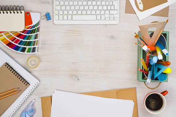 istock Conceptual image of graphic designer workplace, top view 636058464