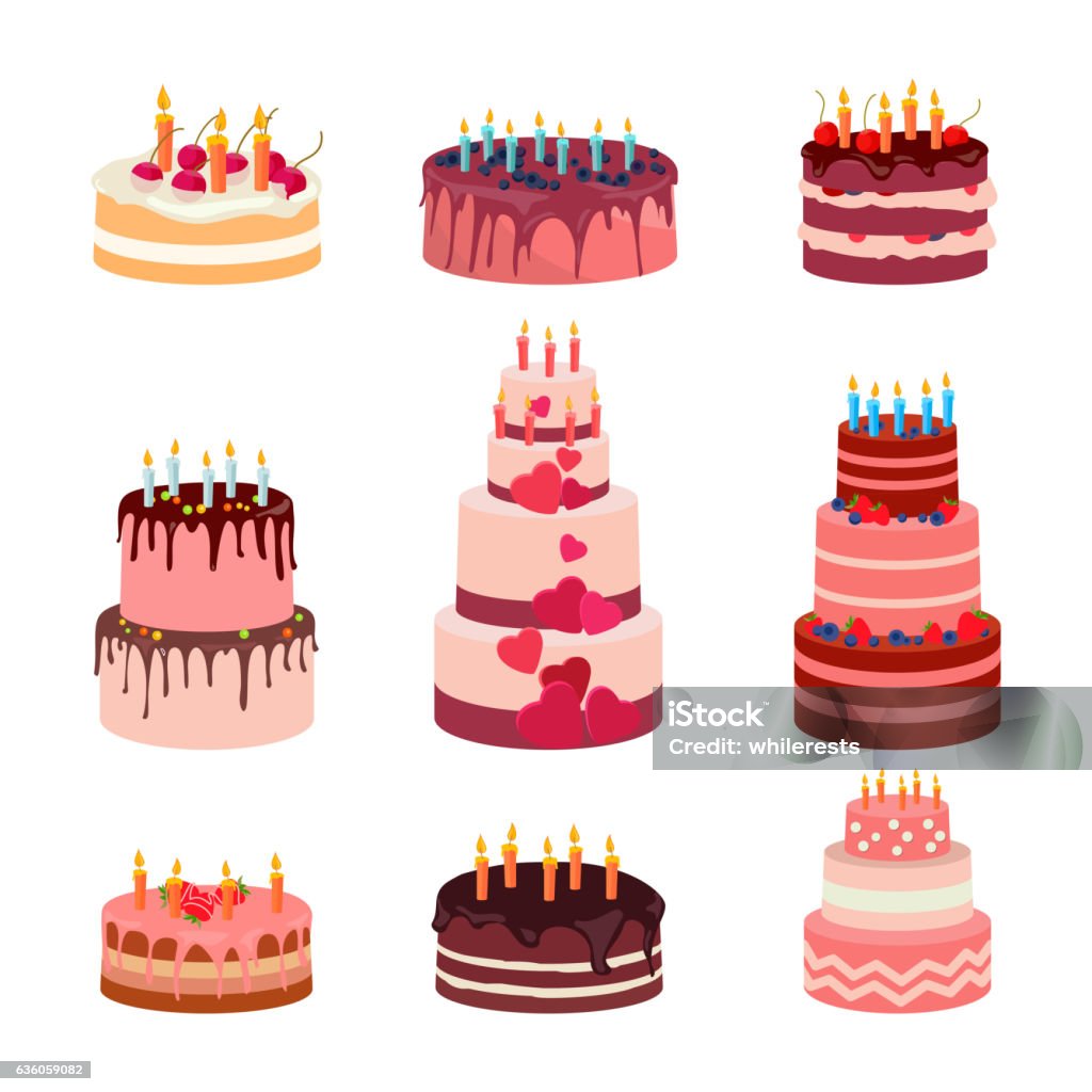 Illustration of sweet baked isolated cakes set. Strawberry icing cake Illustration of sweet baked isolated cakes set. Strawberry icing cake for holiday, cupcake, baked brown chocolate cake for gourmet, colorful birthday celebration cherry cake bakery with . Birthday cake with candles and fruits on white background. Vector Birthday Cake stock vector