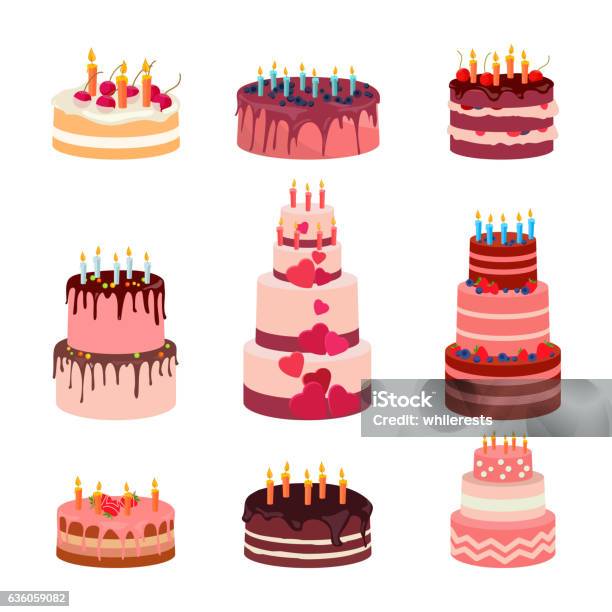 Illustration Of Sweet Baked Isolated Cakes Set Strawberry Icing Cake Stock Illustration - Download Image Now