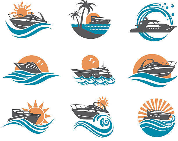 speedboat and yacht icons collection of speedboat and yacht icons on waves wind silhouettes stock illustrations