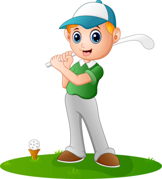 illustrazioni stock, clip art, cartoni animati e icone di tendenza di ragazzo dei cartoni animati che gioca a golf - humor athlete trophy one person