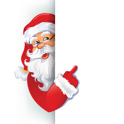 Happy smiling Santa Claus standing behind a sign, showing on big blank sign. Vector illustration. EPS10