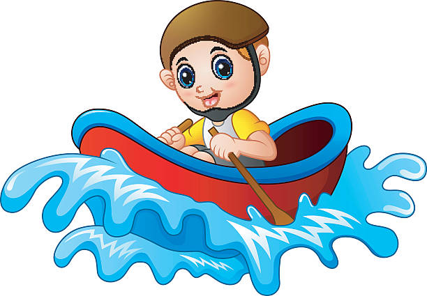 ilustrações de stock, clip art, desenhos animados e ícones de cartoon little boy rowing a boat on a white background - exercising sport cartoon male