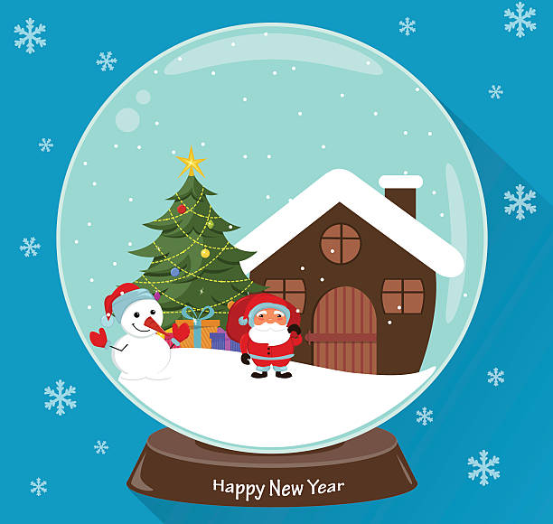 ilustraciones, imágenes clip art, dibujos animados e iconos de stock de bola de nieve. papá noel, árbol de navidad, muñeco de nieve, regalos y casa - snow globe dome glass transparent