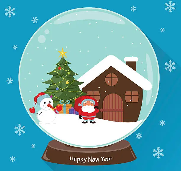 Vector illustration of Snow globe. Santa Claus, Christmas tree, snowman, presents and house