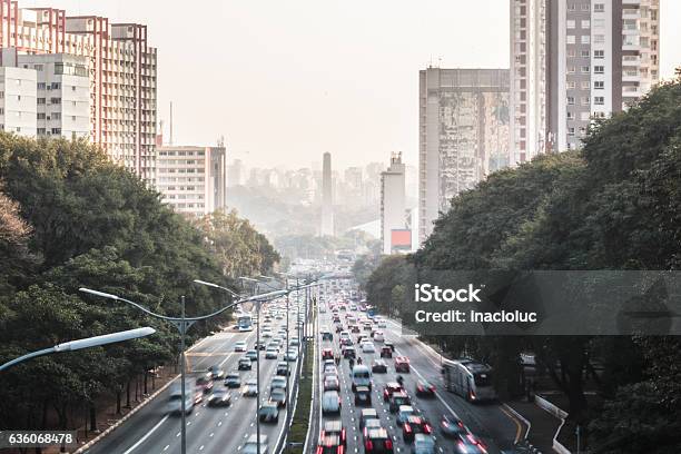 Avenue 23 De Maio In Sao Paulo Brazil Stock Photo - Download Image Now - Car, Brazil, Pollution