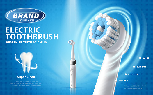 Electric toothbrush ads, different mode of this product with white tooth model on blue background in 3d illustration