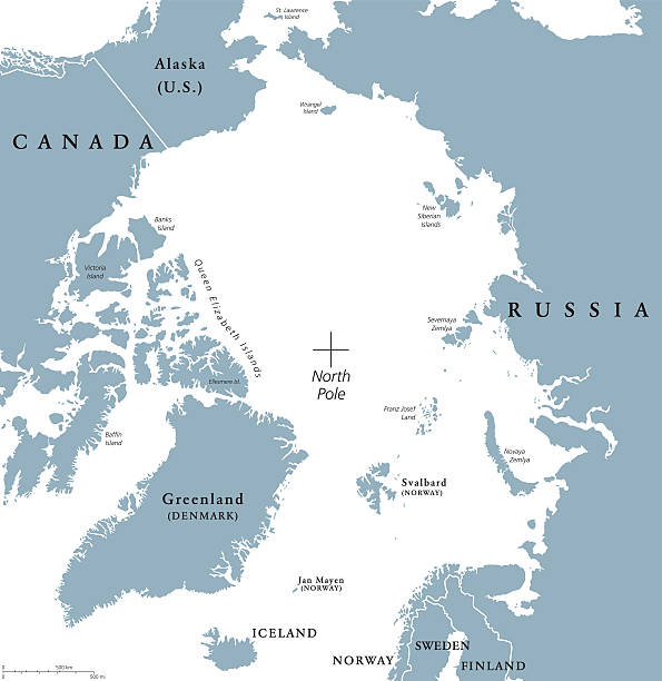 Arctic region political map Arctic region political map. Polar region around the North Pole at the northernmost part of Earth. The Arctic Ocean without ice. Gray illustration with English labeling on white background. Vector. north pole map stock illustrations