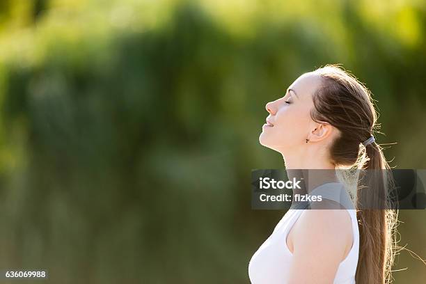 Sporty Beautiful Smiling Young Woman Relaxing Stock Photo - Download Image Now - Breathing Exercise, Wellbeing, Nature