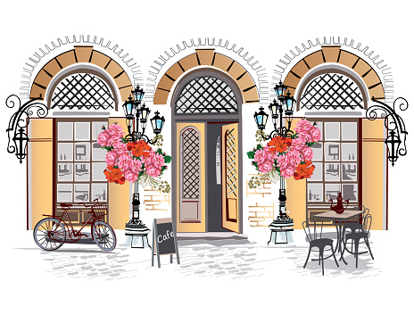 Series of backgrounds decorated with flowers, old town views and street cafes. Hand drawn Vector Illustration.