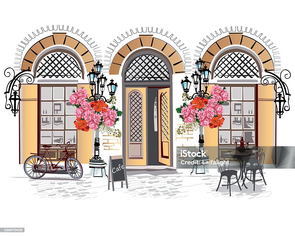 Series of street cafes with flowers. Series of backgrounds decorated with flowers, old town views and street cafes. Hand drawn Vector Illustration. Paris - France stock vector