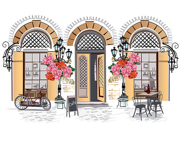 Series of street cafes with flowers. Series of backgrounds decorated with flowers, old town views and street cafes. Hand drawn Vector Illustration. paris stock illustrations