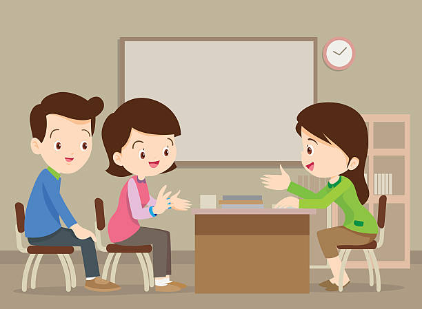 семья разговаривает с учителем - teacher parent education meeting stock illustrations