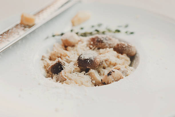 risotto aux champignons sauvages au romarin et au parmesan, gros plan de la cuisine italienne - cepe fungus forest dining photos et images de collection