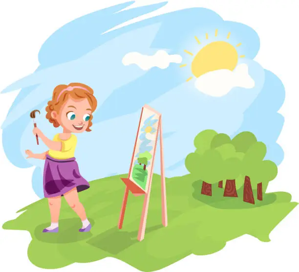 Vector illustration of Girl painting outdoors vector illustration