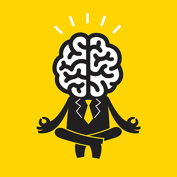 illustrazioni stock, clip art, cartoni animati e icone di tendenza di uomo d'affari meditato (mr brain) | concetto di business giallo - genio concetto