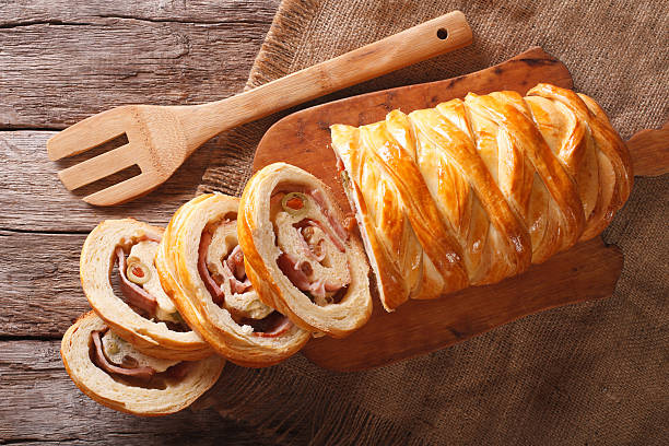 Venezuelan cuisine: Christmas loaf pan de jamon close-up. horizontal