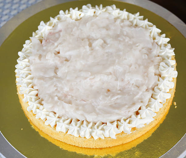 Coconut Cake in process on wooden table, Homemade Cake.