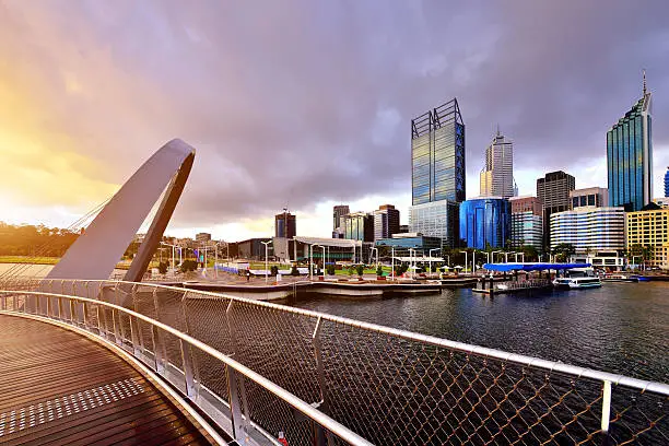 Perth skyline and Elizabeth Quay bridge at sunset, Western Australia, Australia.