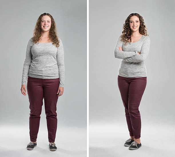 Nothing happens overnight but it will happen Before and after shot of a woman's weight loss progression pudgy woman pictures stock pictures, royalty-free photos & images