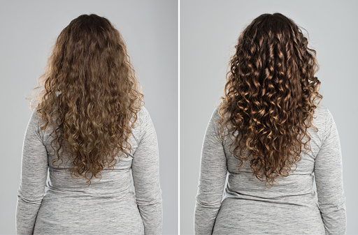 A before and after shot of a woman with beautiful locks