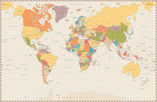 Detailed retro political World Map. Highly detailed vector illustration of World Map.