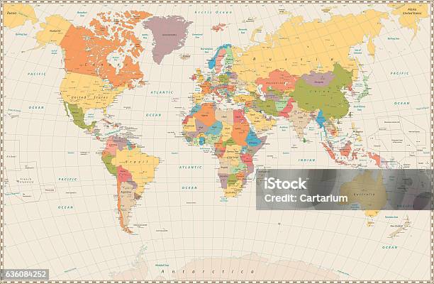 Detailed Retro Political World Map Stock Illustration - Download Image Now - World Map, Old-fashioned, Retro Style