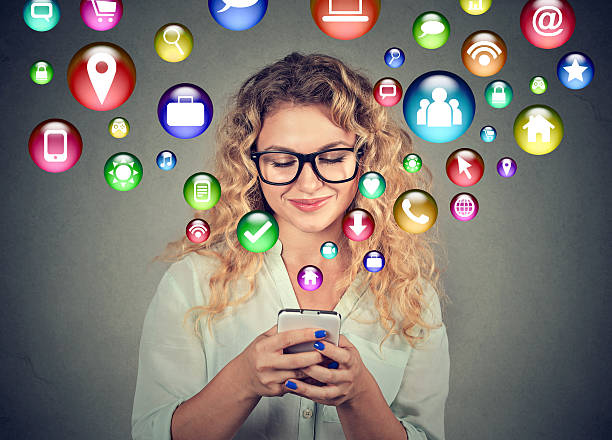 Woman using smartphone social media application icons flying out