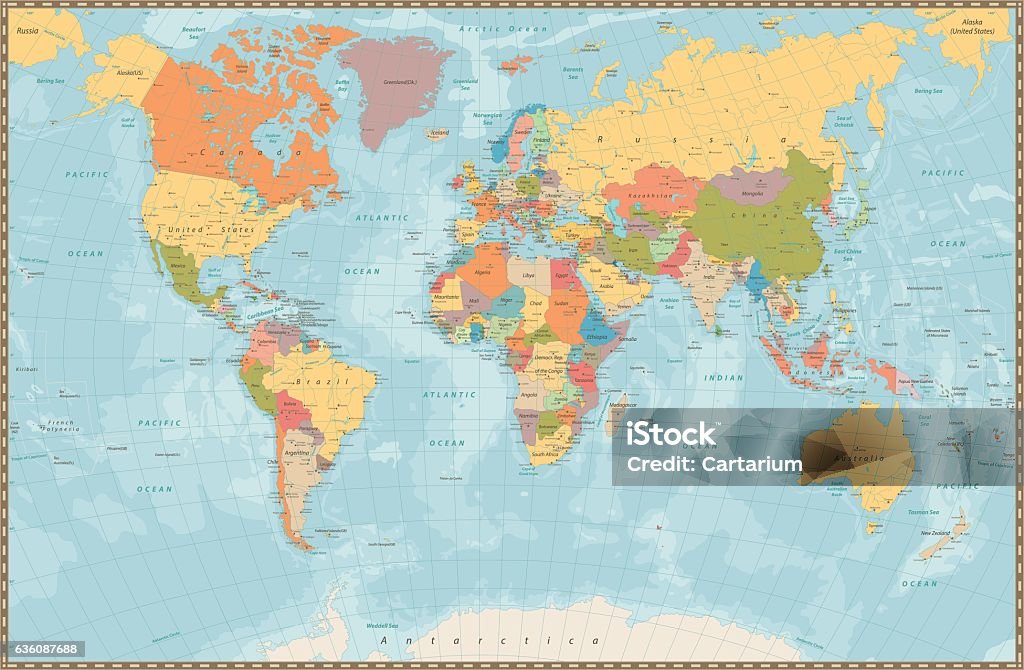 Mapa político detallado grande del mundo del color de la vendimia con los lagos y - arte vectorial de Mapa mundial libre de derechos