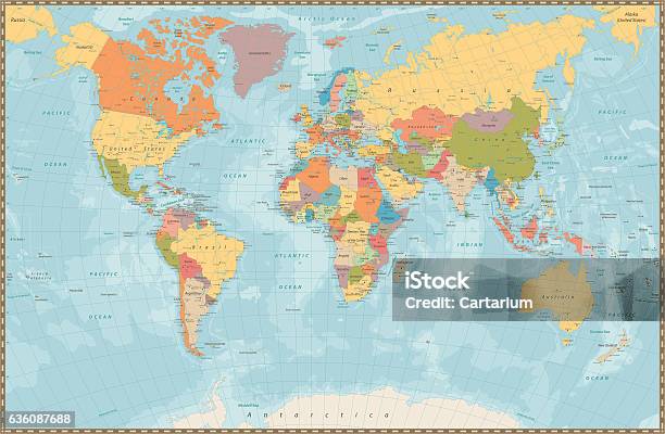 Ilustración de Mapa Político Detallado Grande Del Mundo Del Color De La Vendimia Con Los Lagos Y y más Vectores Libres de Derechos de Mapa mundial