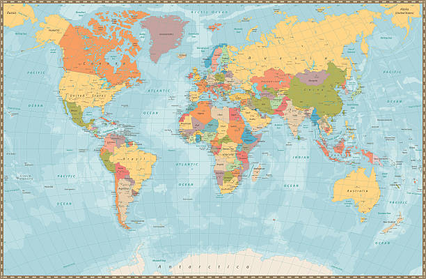 большой подробный винтажный цвет политической карты мира с озерами и - france denmark stock illustrations