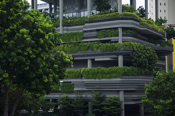 istock Skyscraper wall with green plants terraces 636088494