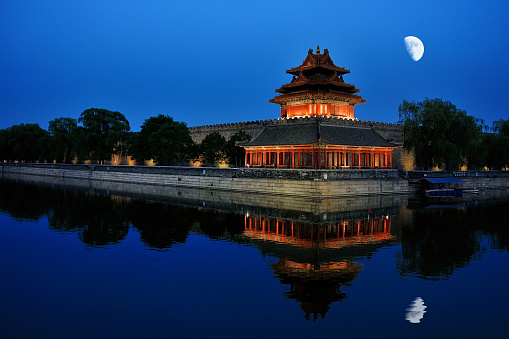 night scenery of the corner tower of the Forbidden city in Beijing, China
