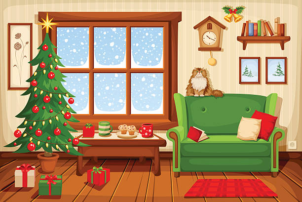 weihnachten zimmer innen. vektor-illustration. - kuckucksuhr stock-grafiken, -clipart, -cartoons und -symbole