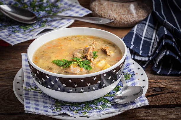 zupa z jęczmienia i żołądka z kurczaka. - vegetable barley soup zdjęcia i obrazy z banku zdjęć
