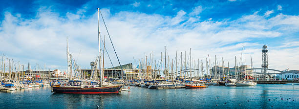 Row of yachts in marina with illuminated buildings in background at dusk. Ships with motion blur.